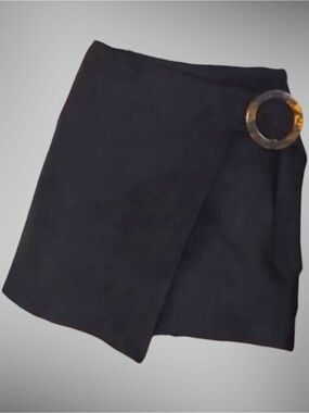 ZARA Black Faux Suede Wrap Skort Tortoise Ring Buckle Large
